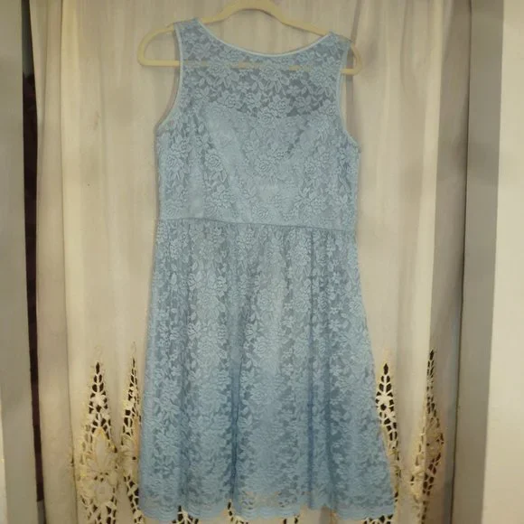Easter Sale Simply Liliana Lace Dress Sz 12 Blue Sleeveless Fit Flare Satin Tie - Picture 1 of 9